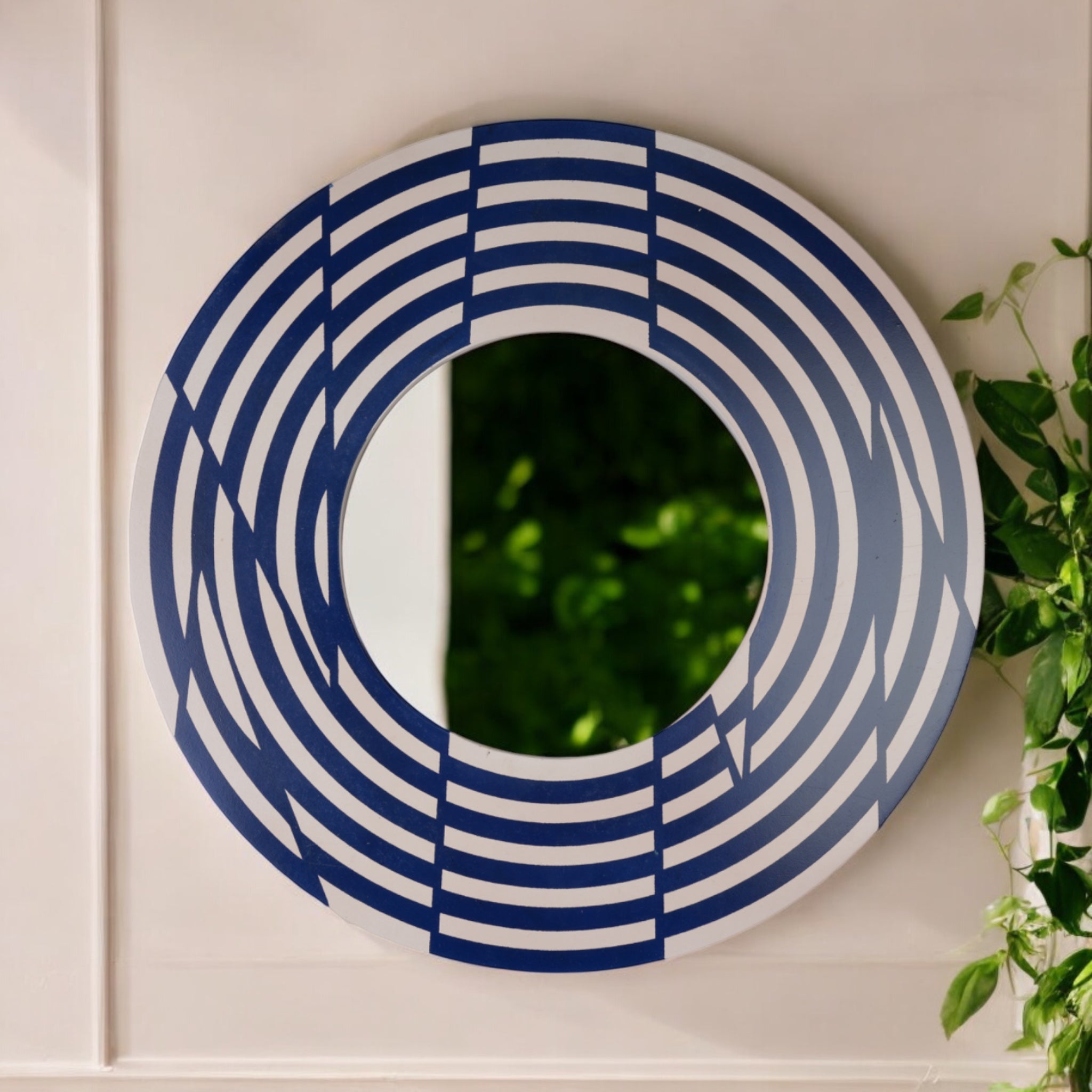 Round Geometric Wall Mirror – Modern Wooden Accent