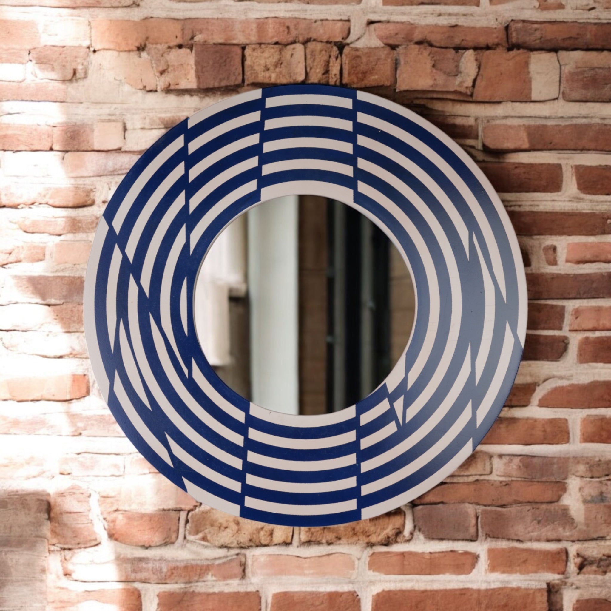 Round Geometric Wall Mirror – Modern Wooden Accent