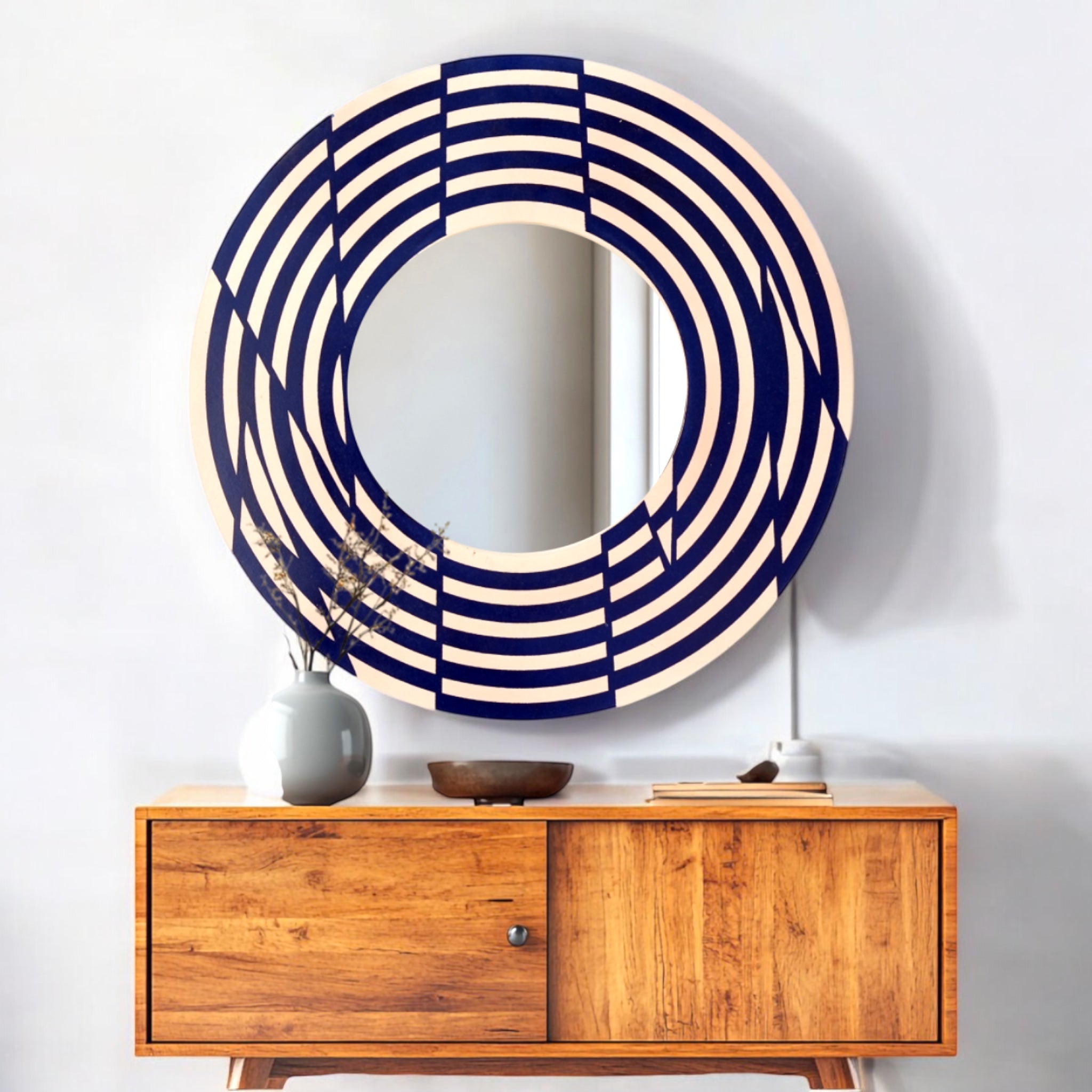 Round Geometric Wall Mirror – Modern Wooden Accent